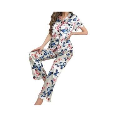 Imagem de Conjuntos De Pijamas De Seda Para Mulheres Com Camisa De Manga Curta E