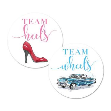 Imagem de Adesivos Team Heels Team Wheels para revelação de gênero, 40 etiquetas adesivas para festa de chá de bebê de 5 cm