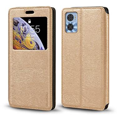 Imagem de Capa para Motorola Moto E22 4G, capa de couro de grão de madeira com suporte de cartão e janela, capa flip magnética para Motorola Moto E22i 4G (6,5 polegadas) dourada