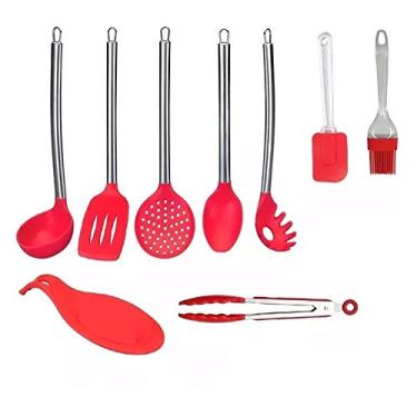 Imagem de Kit 9 Colheres Utensílios Silicone Vermelho Cabo Inox