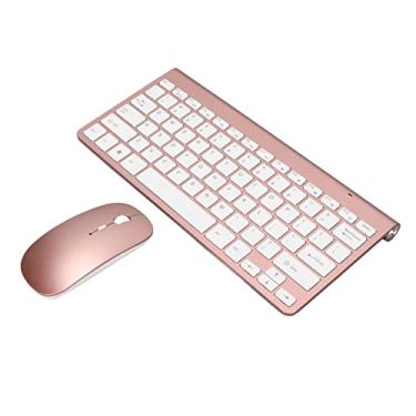 Imagem de Teclado Sem Fio, 78 Teclas Teclado Mouse Conjunto Revestimento Uv Gravado Keycaps Confortável Ergonomia Botão Mudo para Escritório (Rosa ouro)