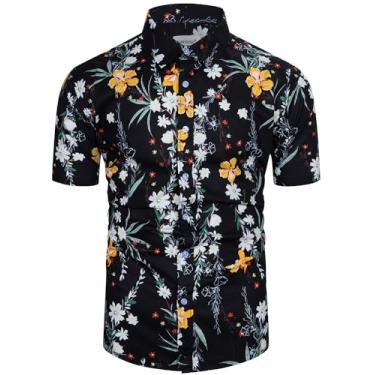 Imagem de TUNEVUSE Camisa masculina floral manga curta casual estampa floral camisa havaiana 100% algodão, Azul-marinho 34, GG