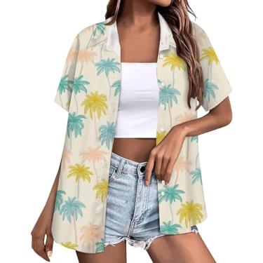 Imagem de Camiseta feminina havaiana verão floral estampa tropical legal Havaí camiseta manga curta abotoada lapela blusa túnica, Bege, M