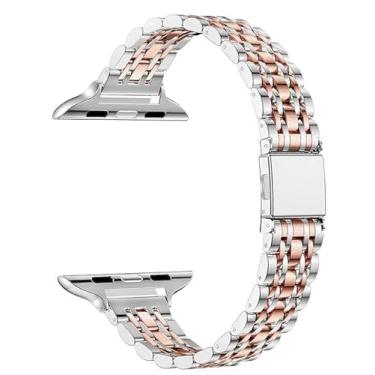 Imagem de MaKTech Pulseira de Aço Inoxidável Feminina com Sete Peças Pulseira de Metal de 14mm para Apple Watch Série 11/10/9/8/7,SE 3/2/1 [2025] (42mm/41mm/40mm,Esbelto-Prata/Rosa Ouro)