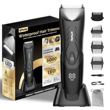 Imagem de ENSSU Aparador de pelos corporais Manscape para homens, aparador de pelos da virilha pubiana para homens com lâmina segura, barbeador de bolas sem fio masculino com luz, base de carregamento, aparador (Preto New)