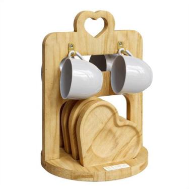 Imagem de Jogo Xicara Café Branca Porcelana com Pires e Suporte Madeira - Mundo 