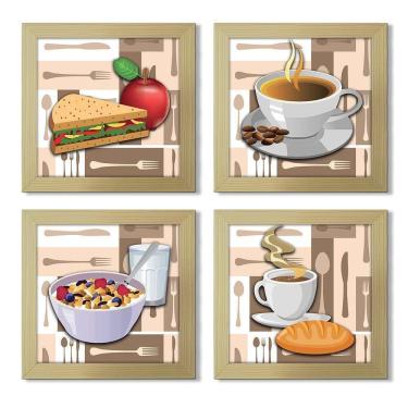 Imagem de Quadro Decorativo Cozinha Café Manhã Padaria 20X20Cm Kit 4Un Titulo Moldura Marfim Listrado