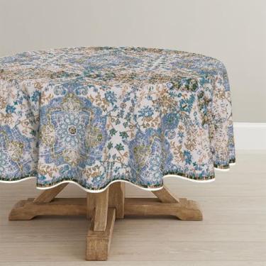 Imagem de Horaldaily Toalha de mesa boho estilo boêmio 177 × 177 cm redonda, azul vintage rústica casa de fazenda mágica outono laranja lavável sazonal capa de mesa para decoração de festa piquenique e jantar