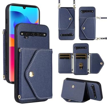 Imagem de Dibosom Capa carteira minimalista para TCL 10 Pro com alça de ombro, carteira fina e fina, suporte de cartão de crédito de couro PU, acessórios para celular TCL 10 Plus TCL10Pro TLC 10Pro T799B azul
