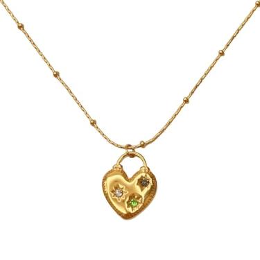 Imagem de UniLogue Colar de contas de bambu de pedra natural olho do mal moderno pingente de cadeado de zircônia verde banhado em aço inoxidável banhado a ouro 18K corrente em camadas, Medium, Aço inoxidável