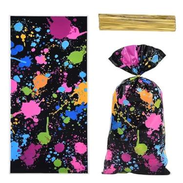Imagem de Sacos de guloseimas que brilham no preto, 100 peças de plástico de celofane neon para presente, biscoitos e doces com laços torcidos transparentes para casamento, aniversário, artigos de festa neon