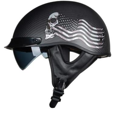 Imagem de VCOROS Capacetes de motocicleta retrô de fibra de carbono para homens e mulheres, capacetes de meia face para motocicleta, cruiser, chopper, ciclomotor, scooter ATV (caveira de bandeira, GG)