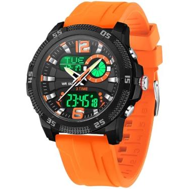 Imagem de findtime Relógio masculino analógico digital à prova d'água com contagem regressiva/retroiluminação LED/temporizador/alarme/cronômetro de data, Laranja, Casual