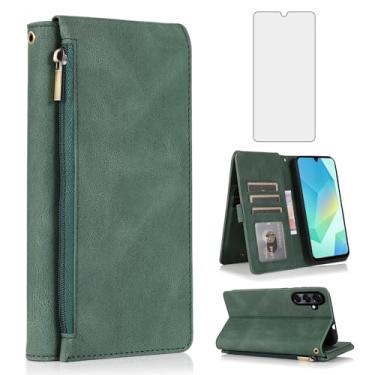 Imagem de Capa carteira compatível com Samsung Galaxy A16/A26 5G, protetor de tela de vidro temperado e zíper retrô de couro, suporte para cartão, acessórios para celular para A 16 26 16A 26A 4G SM-A166U verde