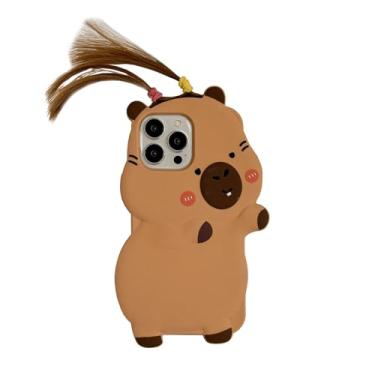 Imagem de QoKcoahn Capa para iPhone 14 Pro, capa de telefone Kawaii, 3D, capivara marrom com tranças faça você mesmo, silicone macio, engraçado, capa protetora de gel para mulheres e meninas para iPhone 14 Pro