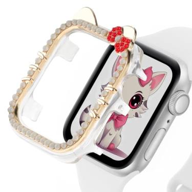 Imagem de Capa protetora de desenho animado compatível com Apple Watch Series 9, 8, 7, 41 mm, 45 mm, séries 6, 5, 4, SE 2, 40 mm e 44 mm, capa protetora de gato fofo, protetor de policarbonato rígido