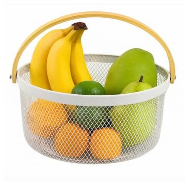 Imagem de Cesta Fruteira Redonda em Ferro com Alça de Madeira – Organização e Ventilação Natural