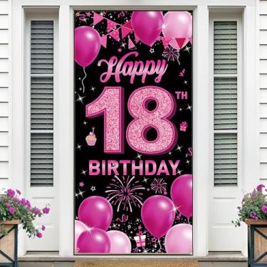Imagem de HTDZZI Banner de pano de fundo de aniversário de 18 anos para mulheres e meninas, placa de quintal de tecido, adereços para decoração de porta, decoração de festa de aniversário de 18 anos interior e