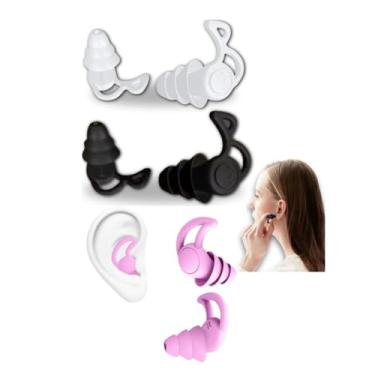 Imagem de Kit 3 Pares Protetor Auricular de Silicone, Tampão de Ouvido Reutilizável para Dormir e Natação, Antiruído, Branco/Preto/Rosa
