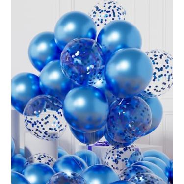 Imagem de AULE Balões de festa pacote com 42 – balões azuis metálicos e balões de confete azuis com fitas de 19,5 metros Conjunto de decoração de balão de hélio de látex cromado 30,5 cm