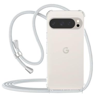 Imagem de CAROKI Capa transversal transparente com cordão para Google Pixel 9 Pro XL de 6,8 polegadas, com alça de pescoço, capa protetora traseira rígida para Google Pixel 9 Pro XL-Cinza