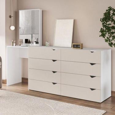 Imagem de Cômoda Porto 8 Gavetas com Espelho Creme/Branco - Politorno, Bege Clar