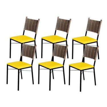 Imagem de Kit 6 Cadeiras Para Cozinha Preta Ratan Cappuccino Assento Estofado - 
