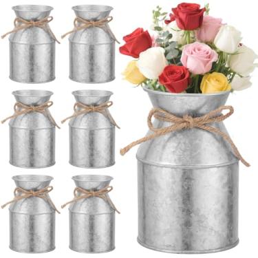 Imagem de 6 peças de decoração de vaso de flores de metal para casa de fazenda, vaso de lata de leite galvanizado de 5,3 polegadas com arco de barbante, baldes de flores rústicos para centros de mesa, mesa de