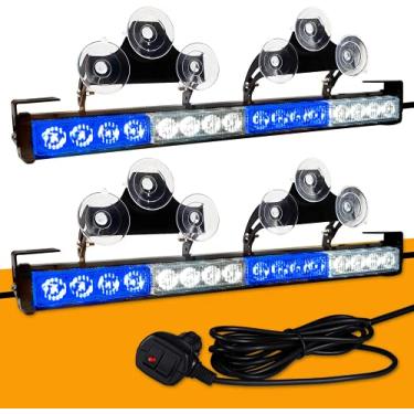 Imagem de 2 em 1, luzes estroboscópicas de emergência, luzes de advertência direcionais, barra, conselhor de trânsito, luz de LED de segurança para a janela traseira, kit de fiação com isqueiro de charuto, instalação interior para caminhão carro (branco azul)