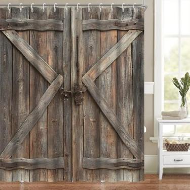 Imagem de Cortina de chuveiro rústica para porta de celeiro para banheiro vintage country tábua de madeira fazenda conjunto de cortina de chuveiro de madeira marrom porta de garagem decoração de banheiro