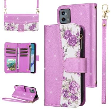 Imagem de Furiet Capa carteira floral para Motorola Moto G 5G 2023 com alça de ombro, suporte de cartão de couro PU com glitter de luxo acessórios para celular G5G G5 feminino roxo