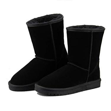 Imagem de Bigfanshu Botas masculinas clássicas 2020 moda quente pelúcia inverno sapatos à prova d'água couro genuíno botas de trabalho botas de neve casuais cano médio mocassins e sapatos sem cadarço tornozelo botas chukka sem cadarço, Preto, 44 BR G