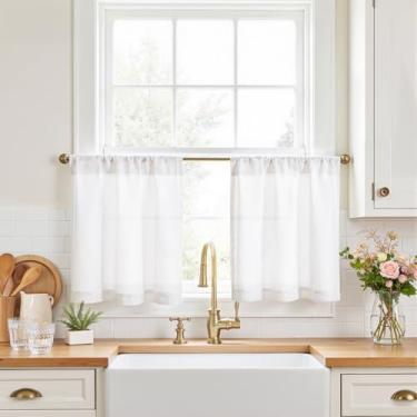 Imagem de jinchan Cortinas de cozinha cortinas de linho 50 cm estilo fazenda café rústico com bolso para varão, filtragem de luz para lavanderia, pia de banheiro, trailer, janela pequena, 2 painéis, branco