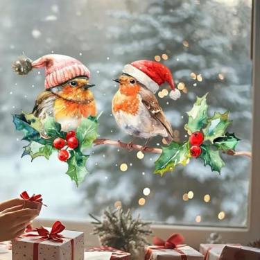 Imagem de 1 pç Adesivos de parede e janela de fixação estática de pássaros de inverno e azevinho - Decorações de vidro de PVC reutilizáveis para janelas, decorações de Natal, decalques de parede de Natal