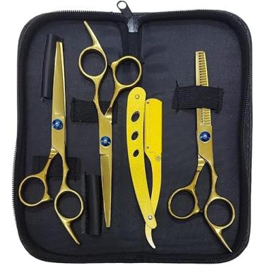 Imagem de Kit Barbeiro 3 Tesouras Profissionais Fio Navalha Desfiadeira Coloridas(Dourado)