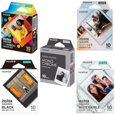Imagem de Fujifilm Pacote de filmes quadrados instantâneos variados – arco-íris, pôr do sol, monocromático, preto, mármore branco – 5 estilos, 10 folhas cada – compatível com câmeras Instax Square (pacotes