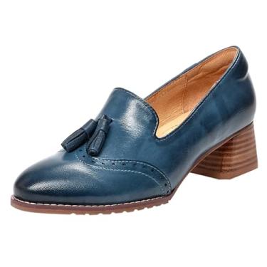 Imagem de Mona flying Mocassins femininos de couro grosso, salto médio, borla, escarpim vintage para trabalho no escritório, Azul, 35