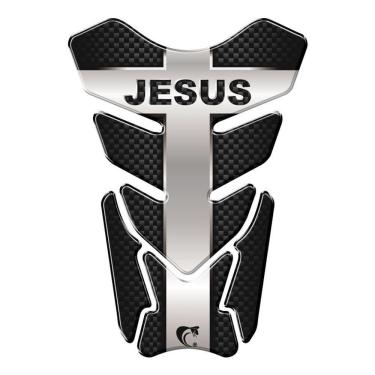 Imagem de Protetor De Tanque Adesivo Moto Honda Yamaha Suzuki Jesus Preto Prata