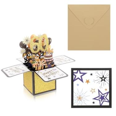Imagem de LIQWEI Cartão de aniversário de 60 anos, cartão pop-up de bolo 3D com nota e envelope engraçado feliz 60 ouro preto cartão de aniversário presentes para esposa marido, pai, mãe