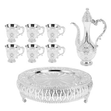 Imagem de Conjunto de pote de vinho do vintage europeu retro elegante escultura liga zinco café chá servindo kit para festa em casa jantar decoração 6 copos 1 bandeja 1 pote (Prata)