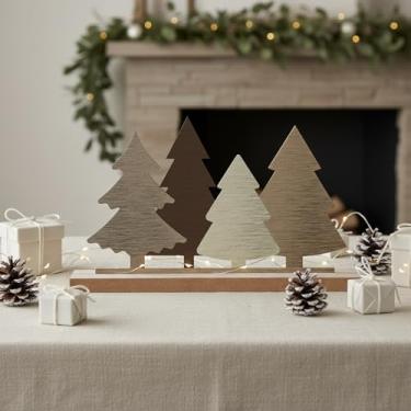 Imagem de Yousoontic Árvore de Natal de metal, decoração de mesa, placa rústica de casa de fazenda, com base de madeira, centro de mesa, árvores de Natal neutras, 30 cm x 15 cm, placa de floresta vintage para