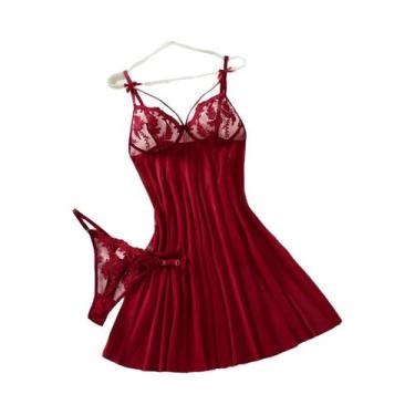 Imagem de Camisola Bordada Vermelha Vinho Para Mulheres Elegante Confortável Des