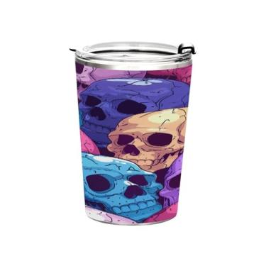 Imagem de STAYTOP Copo de aço inoxidável de caveira colorida de 368 g, copo de café isolado com tampa e canudo, caneca de café de viagem de parede dupla para bebidas quentes e frias
