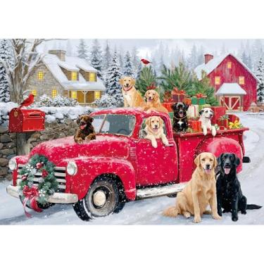 Imagem de Rocorose Quebra-cabeças de Natal de 500 peças para adultos, caminhão vermelho, cães, neve, inverno, cena, quebra-cabeças, férias, noites de jogos em família, perfeito para presente