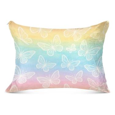 Imagem de Capa de almofada decorativa de listras arco-íris pastel borboleta branca com zíper padrão queen king size fronha de cama, tamanho padrão, 50,8 cm x 66 cm