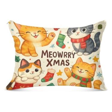 Imagem de Capa de almofada de flanela de Natal de gato de Natal com zíper padrão queen king travesseiro de cama macia divertida capa de travesseiro de cama, tamanho Queen, 50,8 cm x 76,2 cm