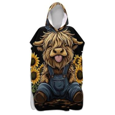 Imagem de TSENQUE Poncho de surfe para adultos trocador de roupa de praia com capuz toalha floral reutilizável girassol bonito vaca highland homens mulheres poncho com capuz