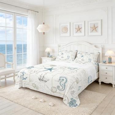 Imagem de Jogo de lençol Queen náutico de praia, oceano costeiro, concha, cavalo marinho, estrela-do-mar, veleiro, decoração de quarto de crianças, adolescentes e adultos, vintage bege marinho + lençol de cima