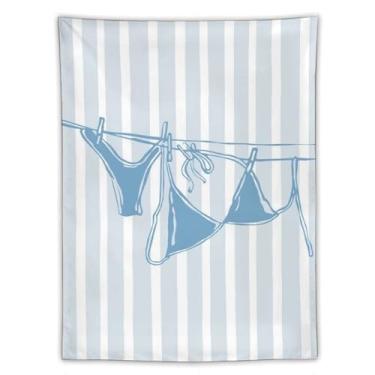 Imagem de Tapeçaria de biquíni azul em linha minimalista arte listrada fundo listrado decoração de casa temática de praia para quarto banheiro ambiente de verão tapeçaria 152 x 203 cm