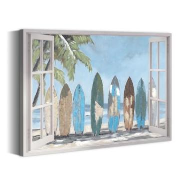 Imagem de summer melody Arte de parede em tela de prancha de surf de praia - Pintura de cena de surfe litorânea imagem de palmeira imagem de janela do oceano para sala de estar quarto